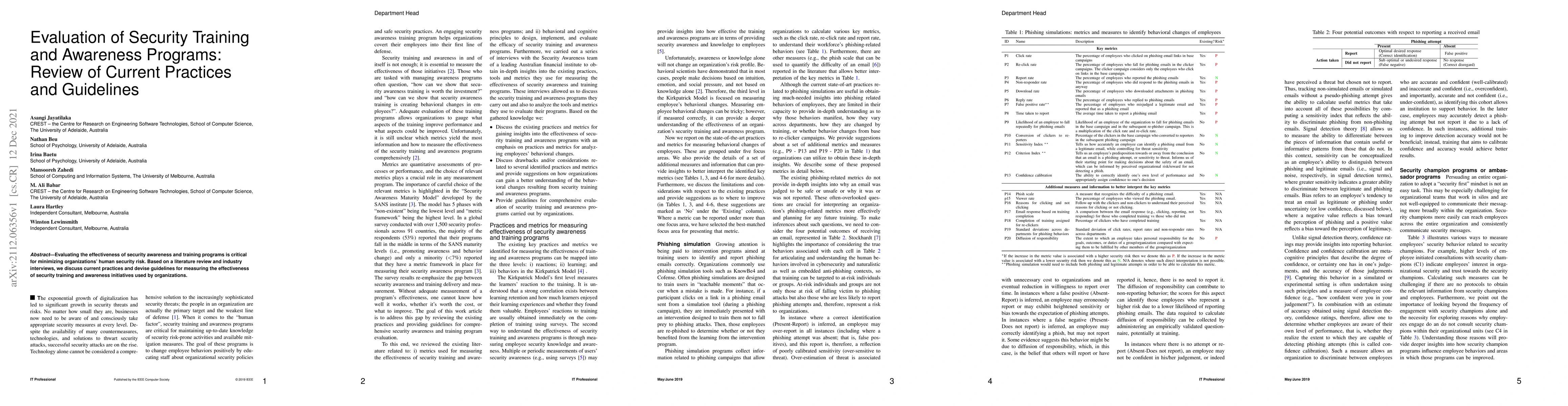 Thumbnail for Evaluation of Security Training and Awareness Programs: Review of
  Current Practices and Guideline