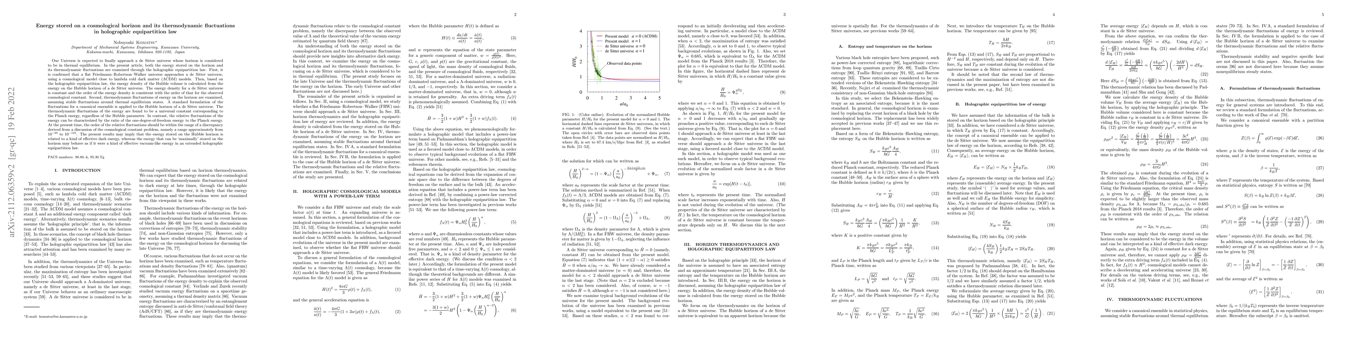 Thumbnail for Energy stored on a cosmological horizon and its thermodynamic
  fluctuations in holographic equipartition law