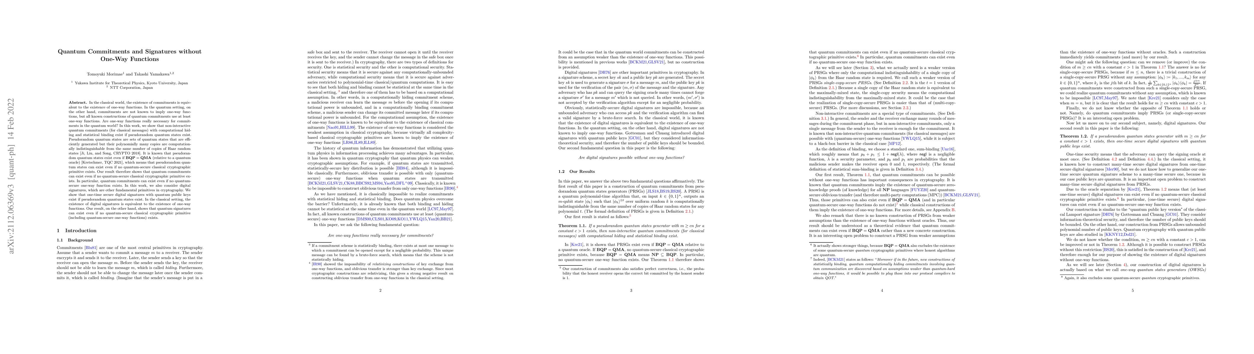 Thumbnail for Quantum commitments and signatures without one-way functions