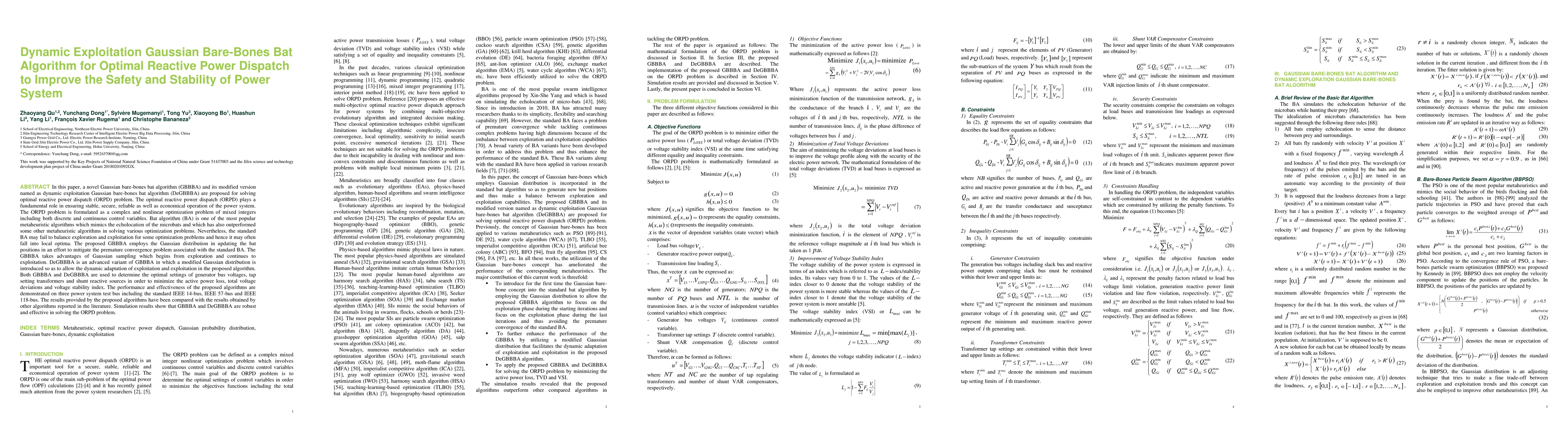 Thumbnail for Dynamic Exploitation Gaussian Bare-Bones Bat Algorithm for Optimal
  Reactive Power Dispatch to Improve the Safety and Stability of Power System