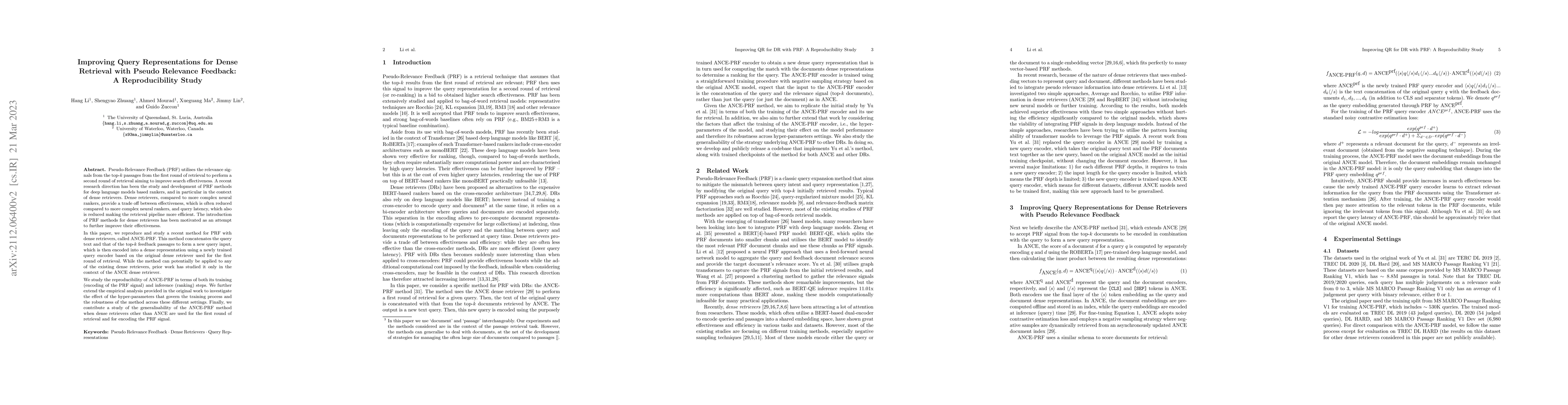 Thumbnail for Improving Query Representations for Dense Retrieval with Pseudo
  Relevance Feedback: A Reproducibility Study