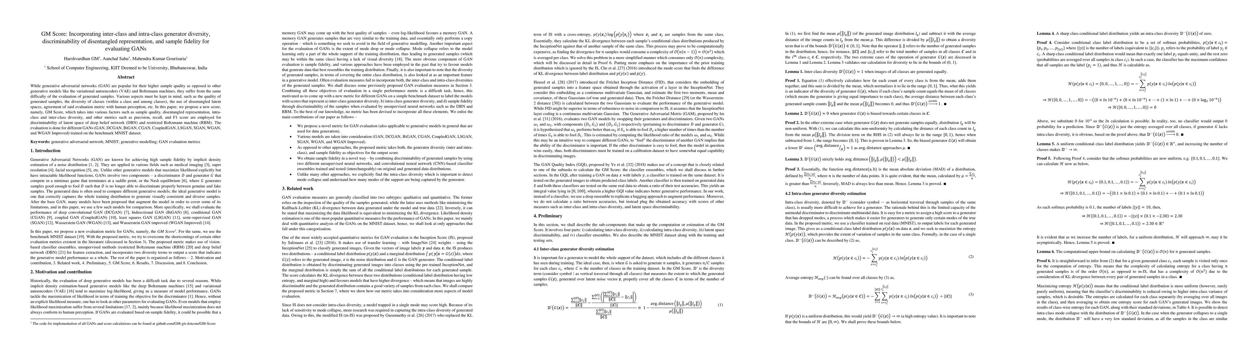 Thumbnail for GM Score: Incorporating inter-class and intra-class generator diversity,
  discriminability of disentangled representation, and sample fidelity for
  evaluating GANs