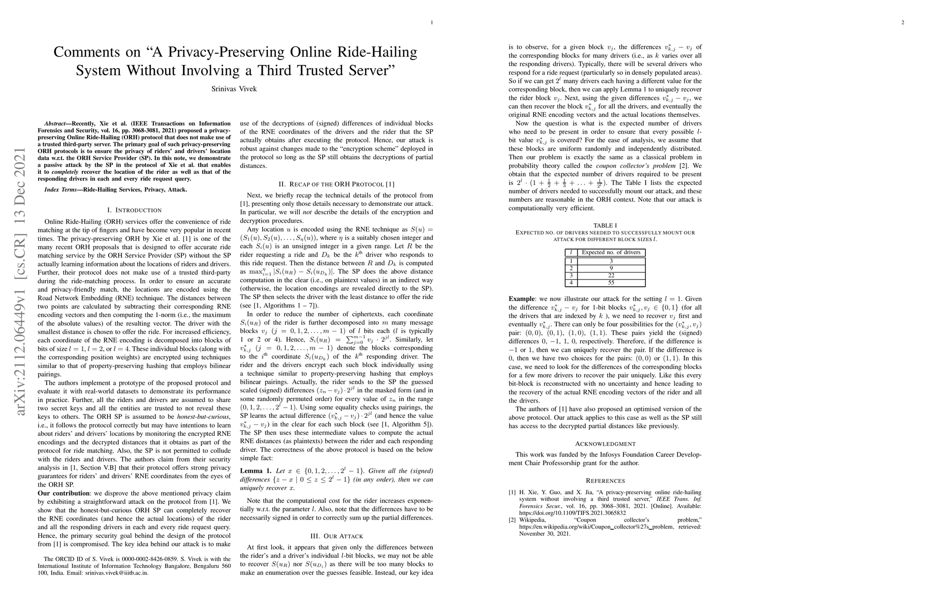 Thumbnail for Comments on "A Privacy-Preserving Online Ride-Hailing System Without
  Involving a Third Trusted Server"