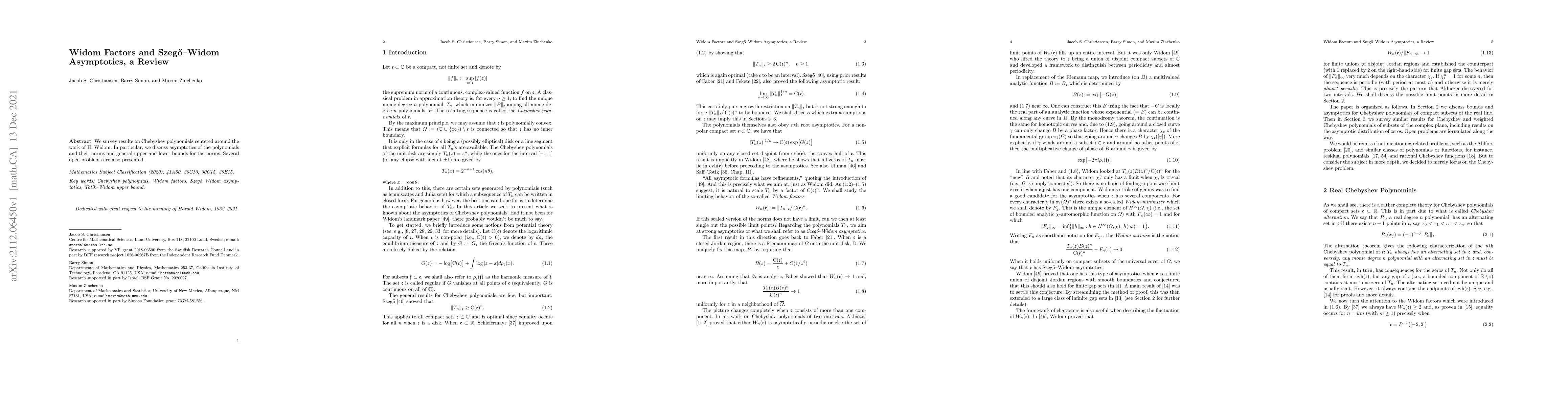 Thumbnail for Widom Factors and Szeg\H{o}-Widom Asymptotics, a Review