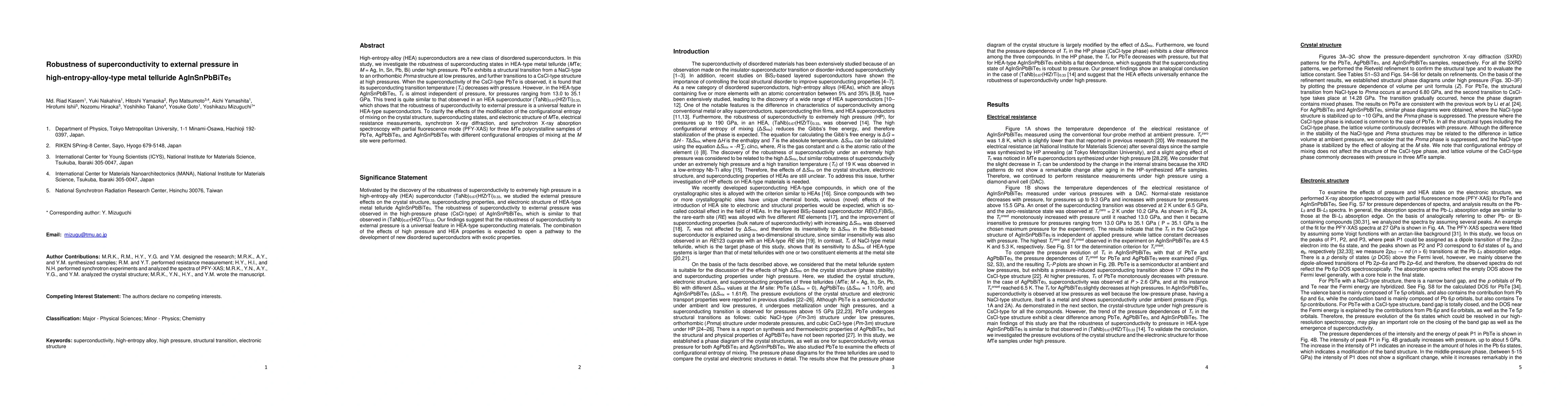 Thumbnail for Robustness of superconductivity to external pressure in
  high-entropy-alloy-type metal telluride AgInSnPbBiTe5