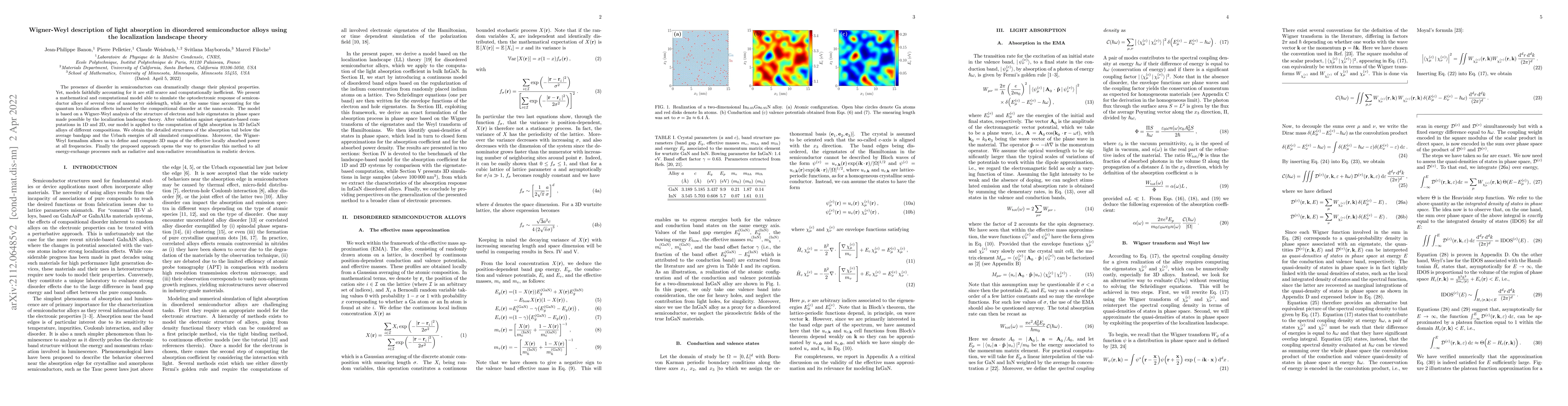 Thumbnail for Wigner-Weyl description of light absorption in disordered semiconductor
  alloys using the localization landscape theory