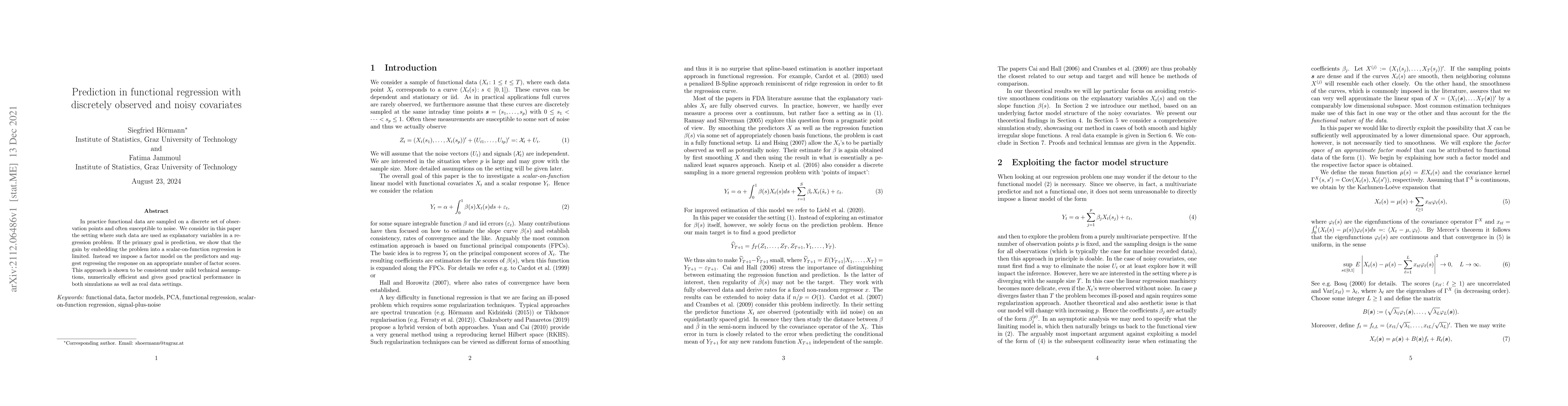 Thumbnail for Prediction in functional regression with discretely observed and noisy
  covariates