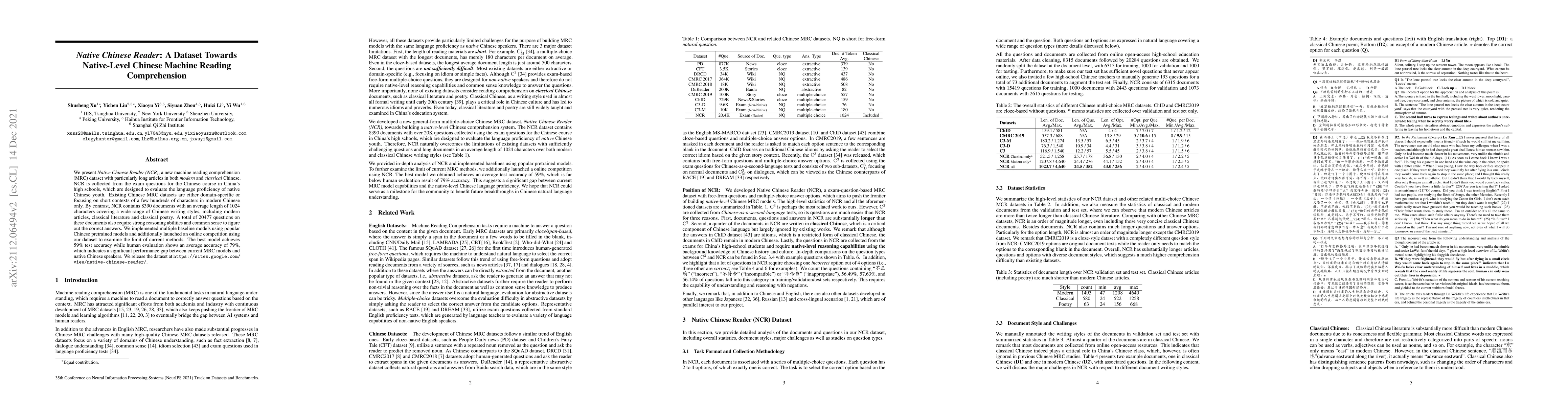 Thumbnail for Native Chinese Reader: A Dataset Towards Native-Level Chinese Machine
  Reading Comprehension