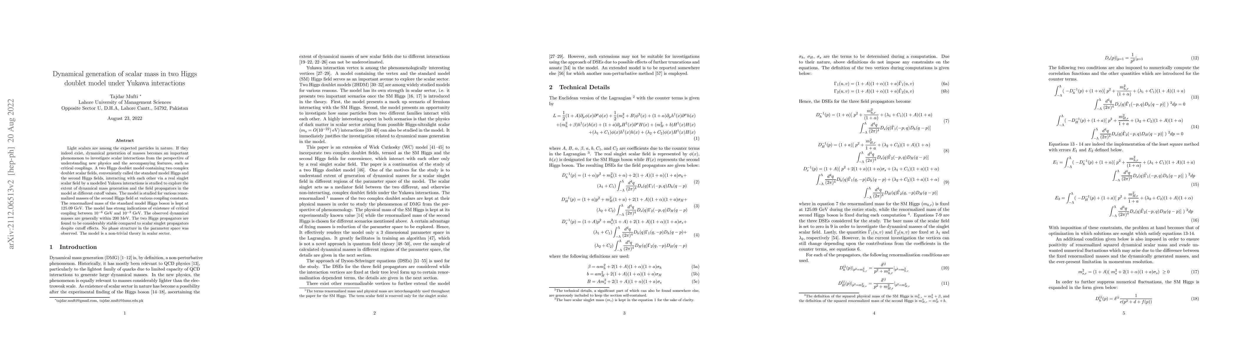 Thumbnail for Dynamical generation of scalar mass in two Higgs doublet model under
  Yukawa interactions