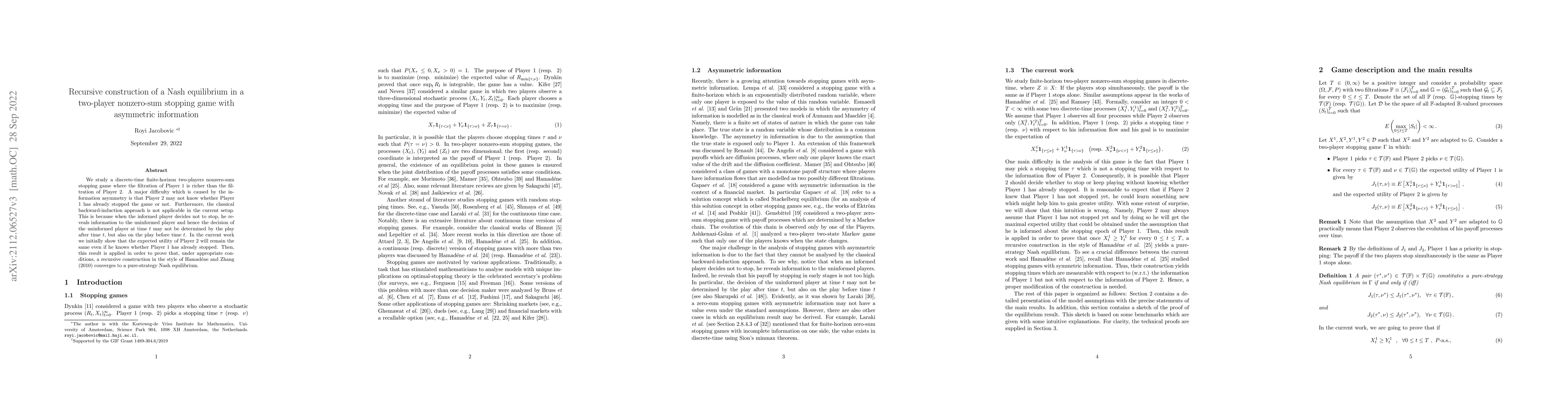 Thumbnail for Recursive construction of a Nash equilibrium in a two-player nonzero-sum
  stopping game with asymmetric information