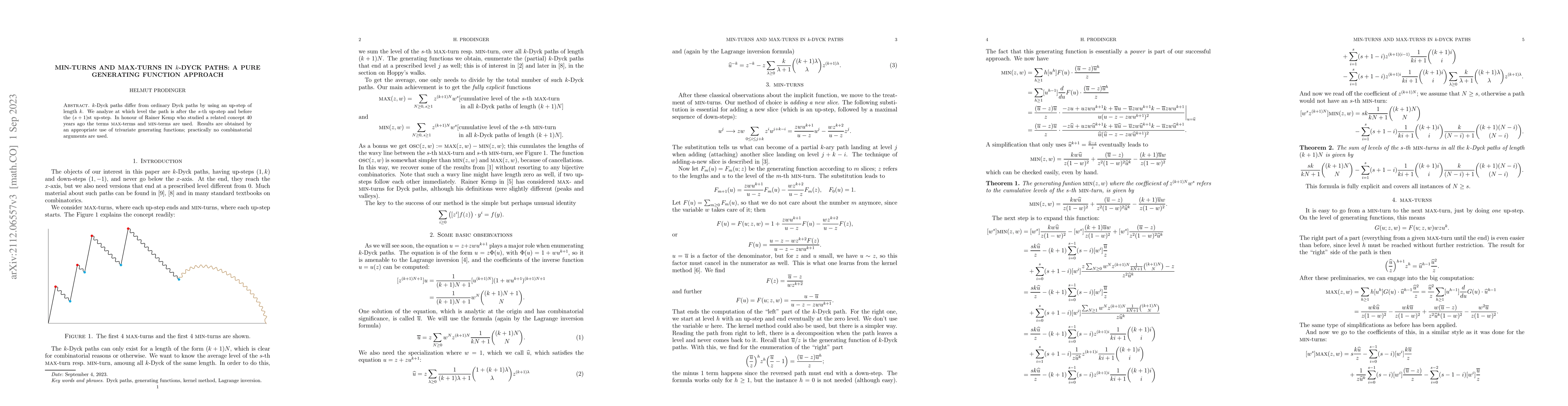 Thumbnail for MIN-turns and MAX-turns in k-Dyck paths: a pure generating function
  approach
