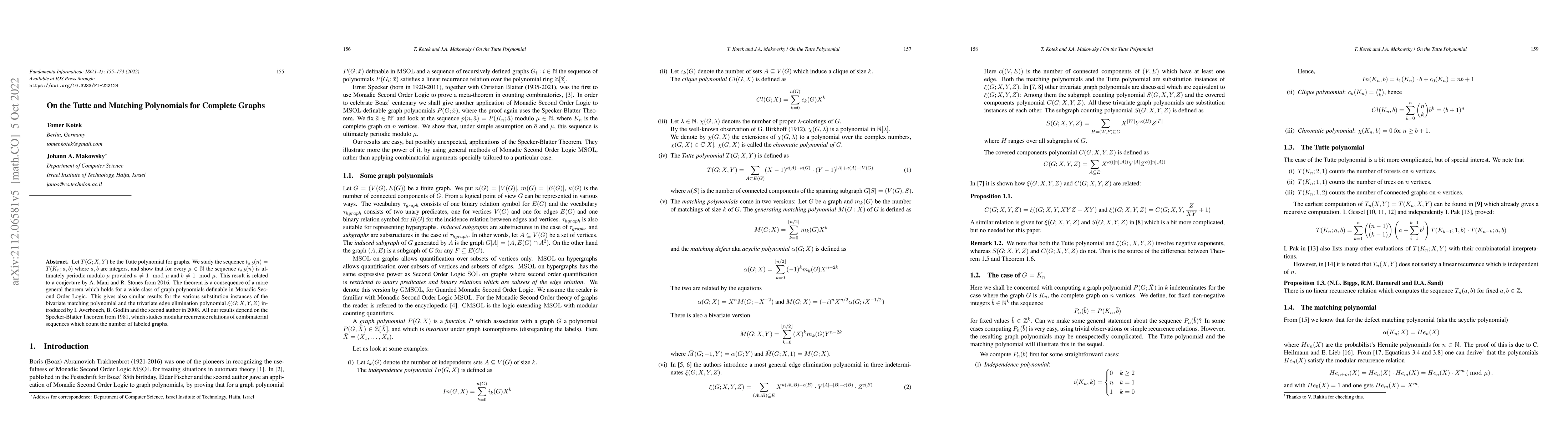 Thumbnail for On the Tutte and matching polynomials for complete graphs