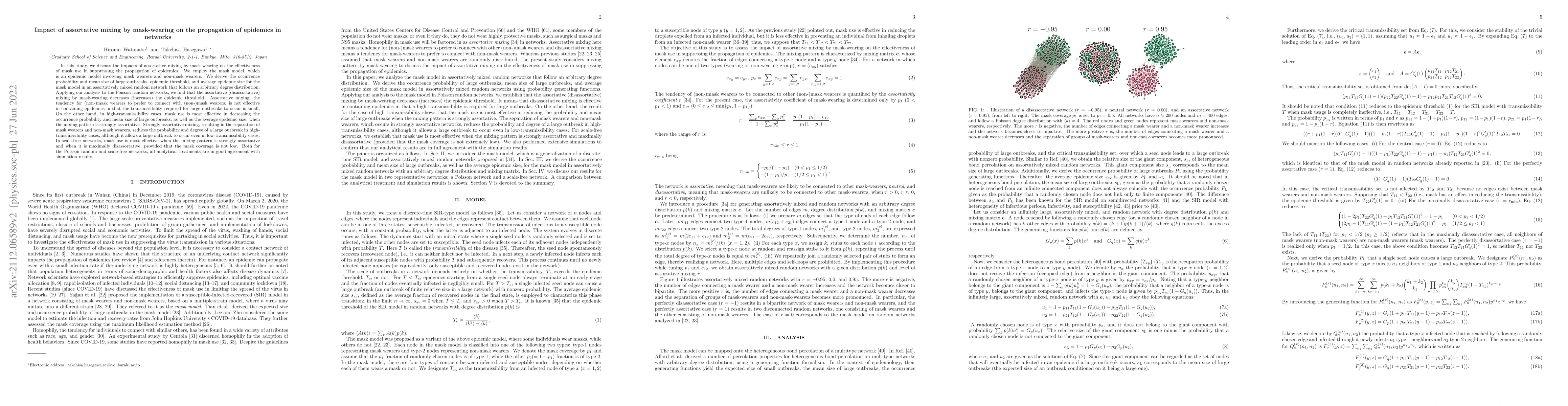Thumbnail for Impact of assortative mixing by mask-wearing on the propagation of
  epidemics in networks