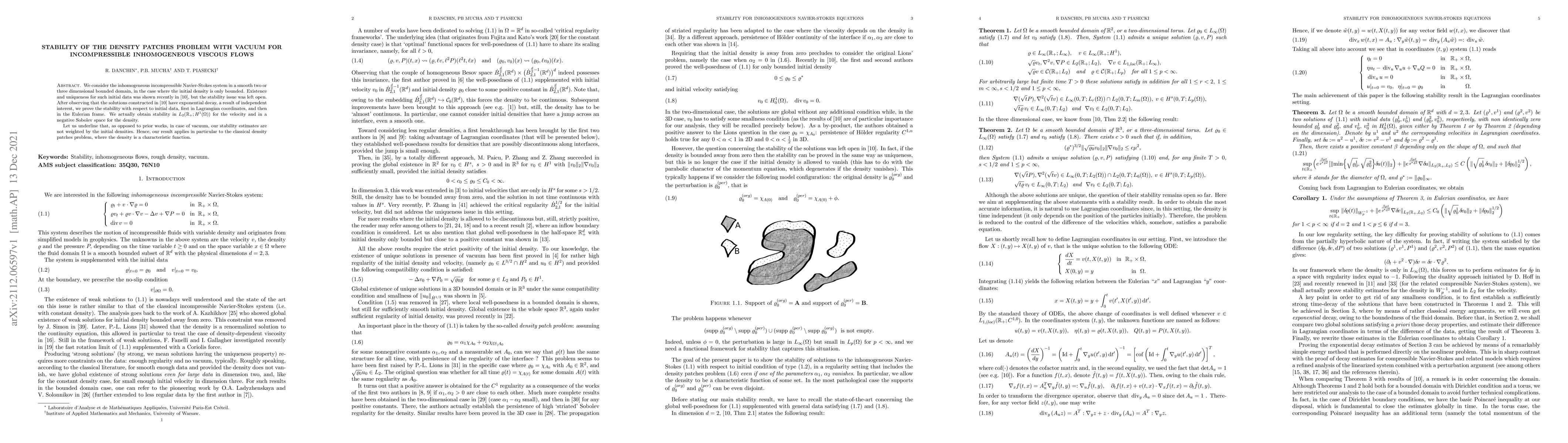 Thumbnail for Stability of the density patches problem with vacuum for incompressible
  inhomogeneous viscous flows
