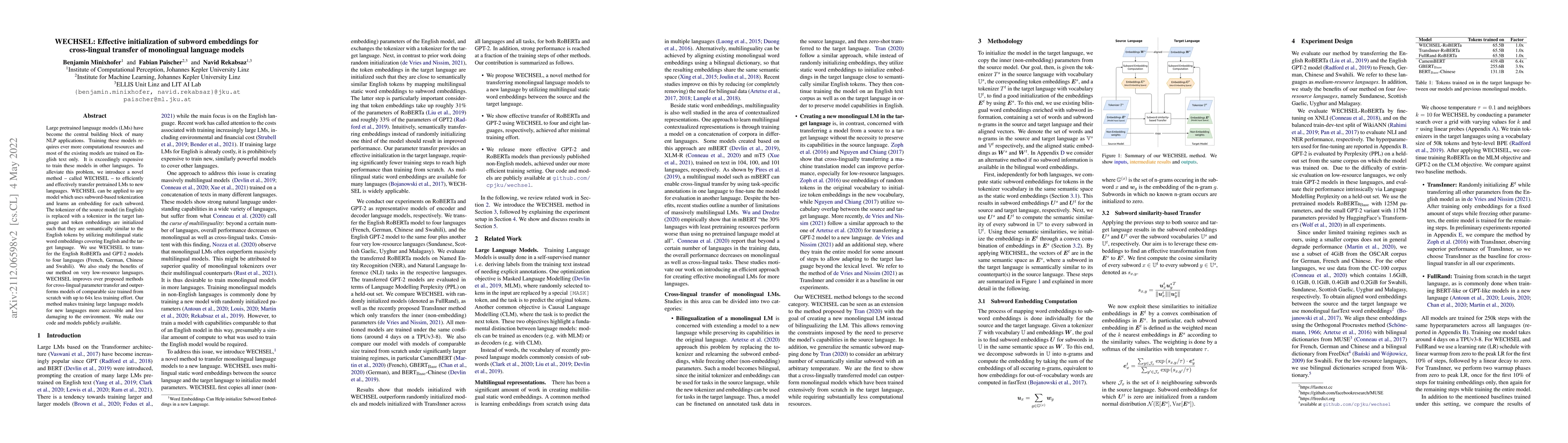 Thumbnail for WECHSEL: Effective initialization of subword embeddings for
  cross-lingual transfer of monolingual language models