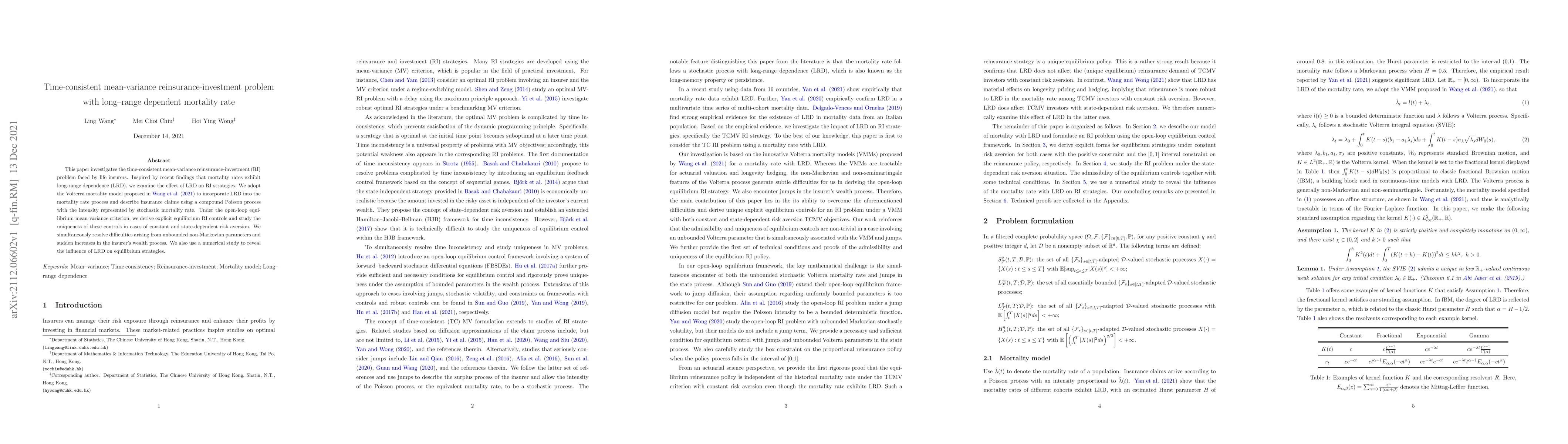 Thumbnail for Time-consistent mean-variance reinsurance-investment problem with
  long-range dependent mortality rate