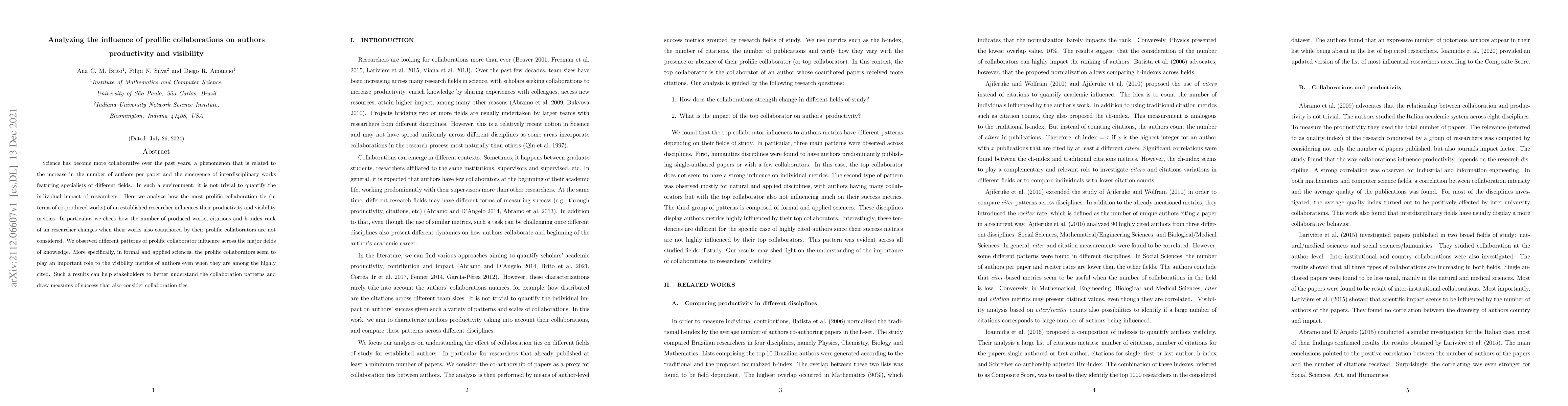Thumbnail for Analyzing the influence of prolific collaborations on authors
  productivity and visibility