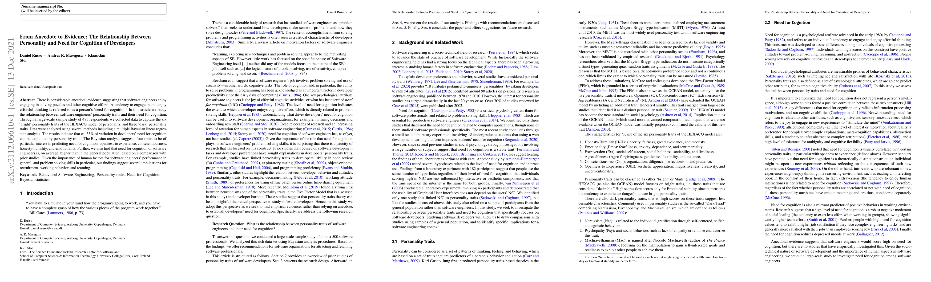 Thumbnail for From Anecdote to Evidence: The Relationship Between Personality and Need
  for Cognition of Developers