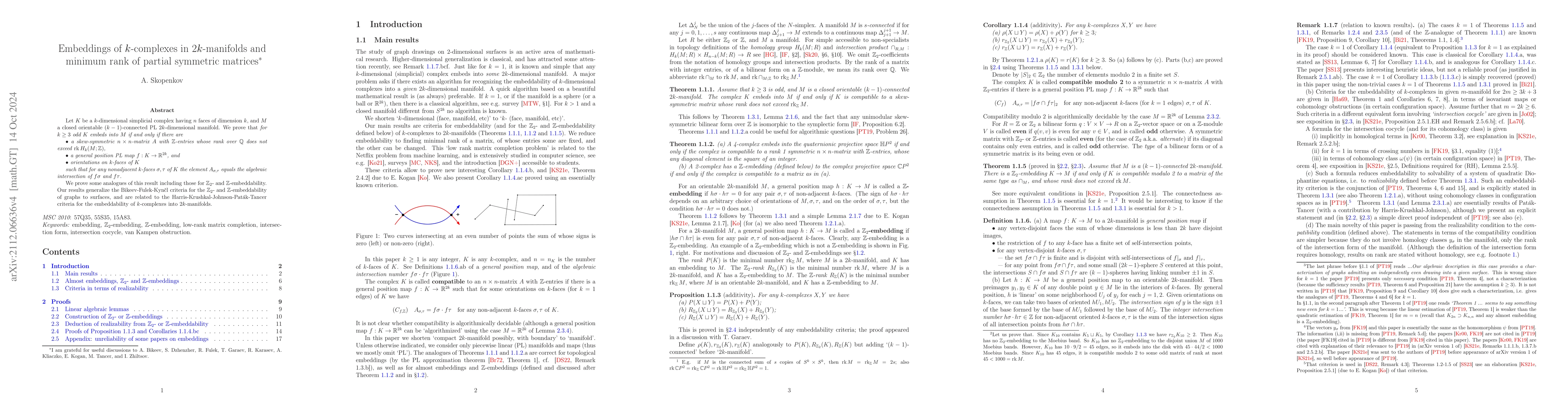 Thumbnail for Embeddings of $k$-complexes in $2k$-manifolds and minimum rank of
  partial symmetric matrices