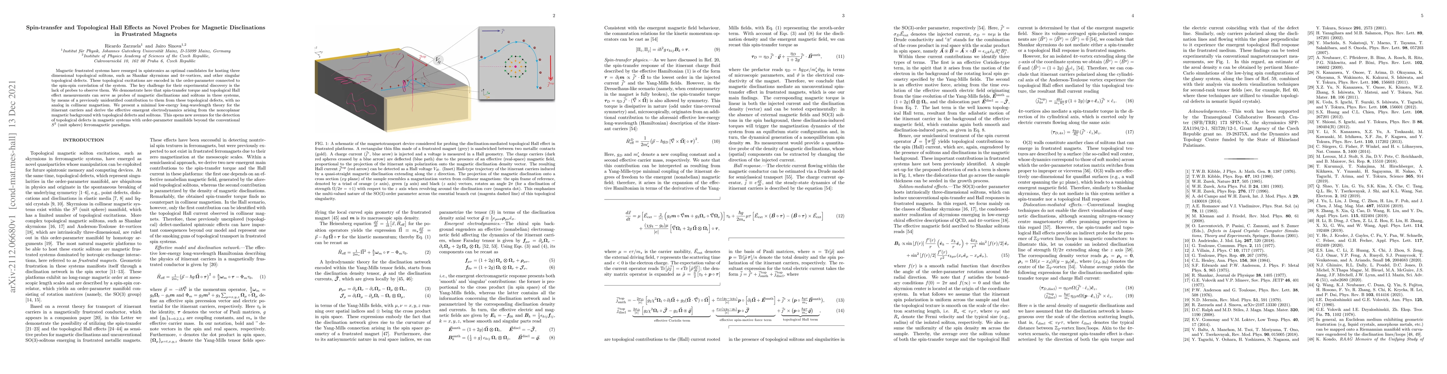 Thumbnail for Spin-transfer and Topological Hall Effects as Novel Probes for Magnetic
  Disclinations in Frustrated Magnets