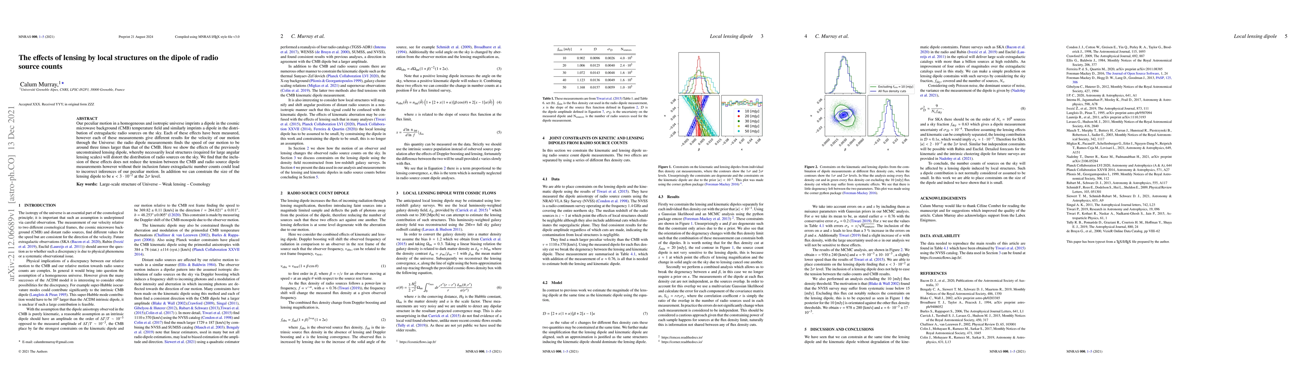 Thumbnail for The effects of lensing by local structures on the dipole of radio source
  counts