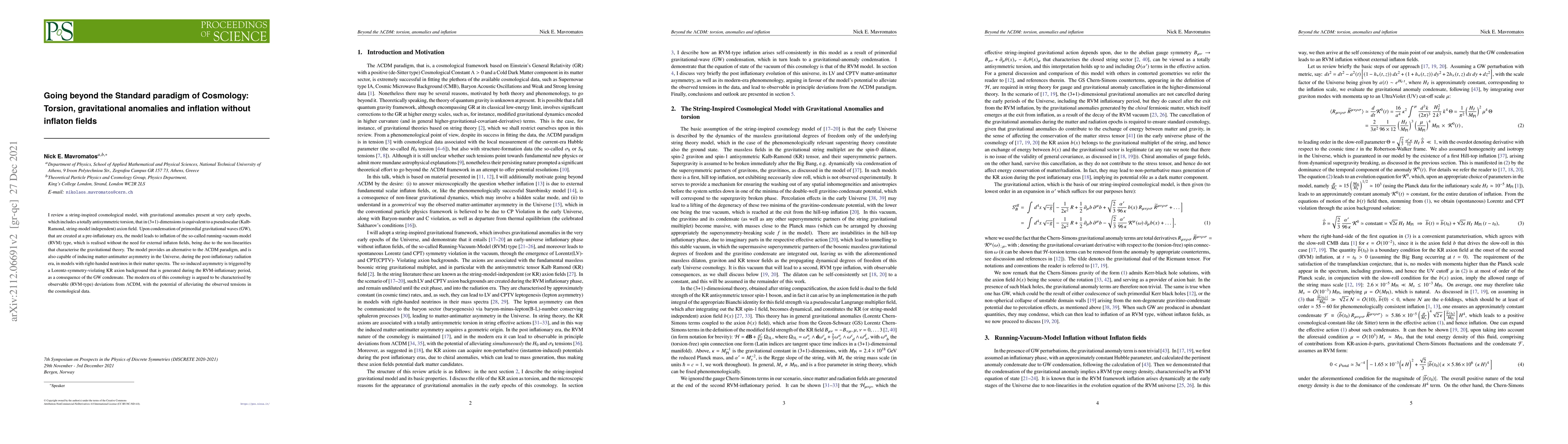 Thumbnail for Going beyond the Standard paradigm of Cosmology: Torsion, gravitational
  anomalies and inflation without inflaton fields