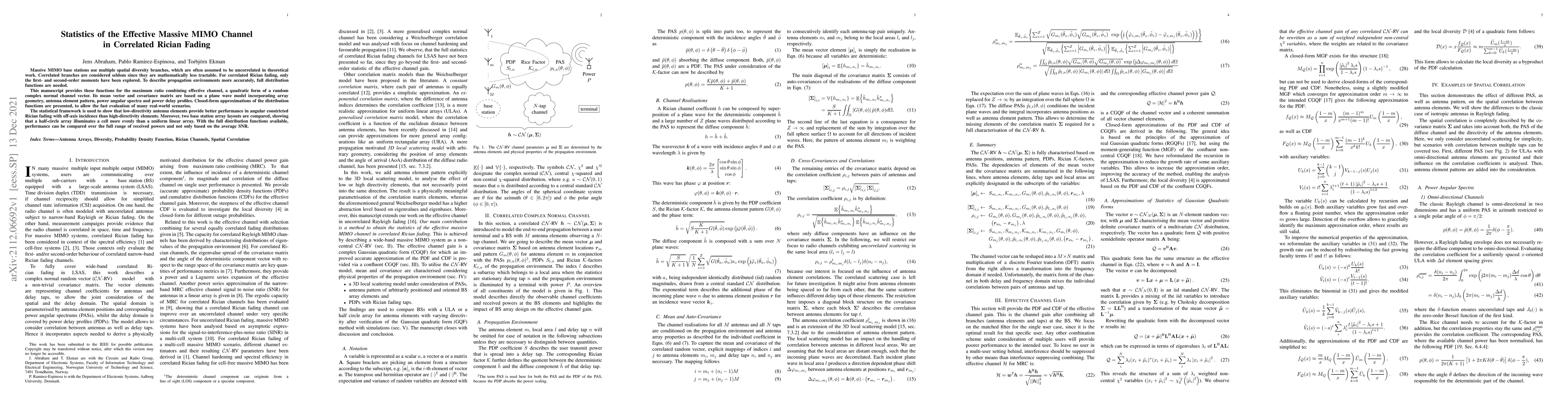 Thumbnail for Statistics of the Effective Massive MIMO Channel in Correlated Rician
  Fading