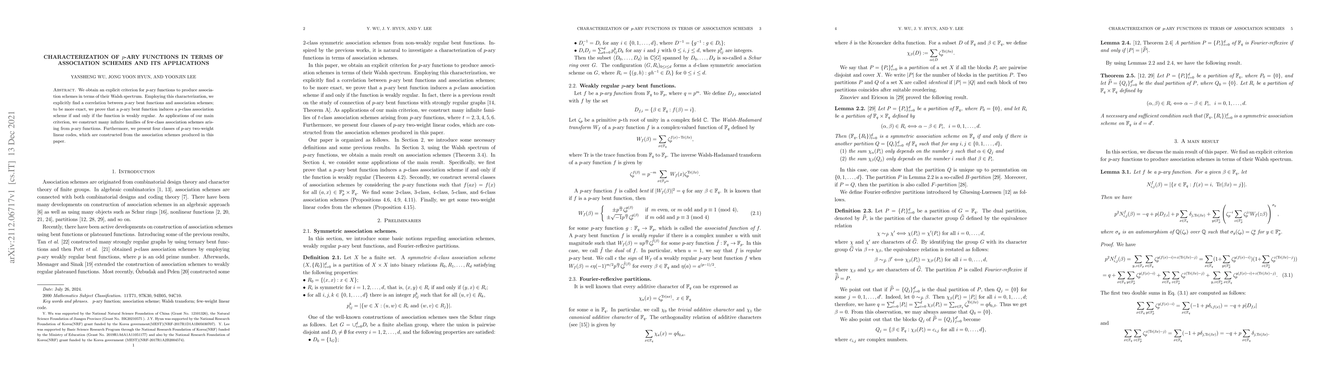 Thumbnail for Characterization of $p$-ary functions in terms of association schemes
  and its applications
