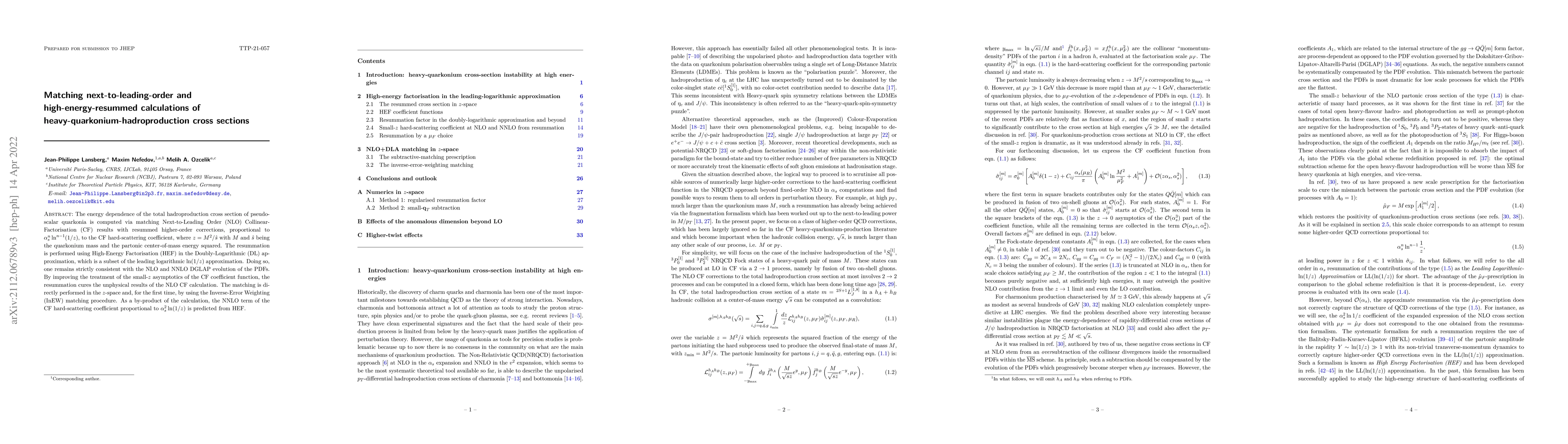 Thumbnail for Matching next-to-leading-order and high-energy-resummed calculations of
  heavy-quarkonium-hadroproduction cross sections