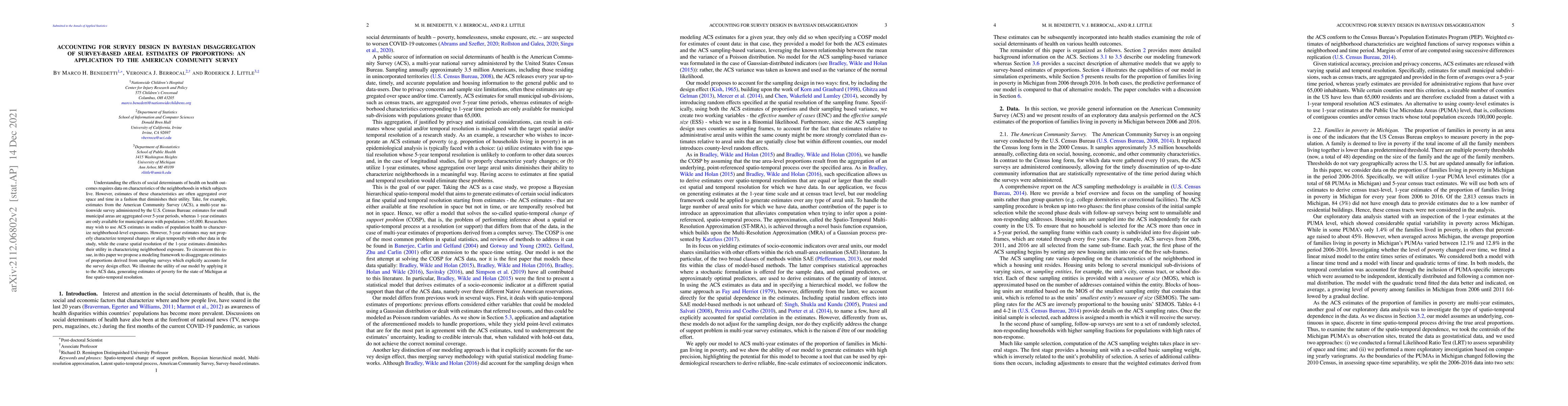 Thumbnail for Accounting for survey design in Bayesian disaggregation of survey-based
  areal estimates of proportions: an application to the American Community
  Survey