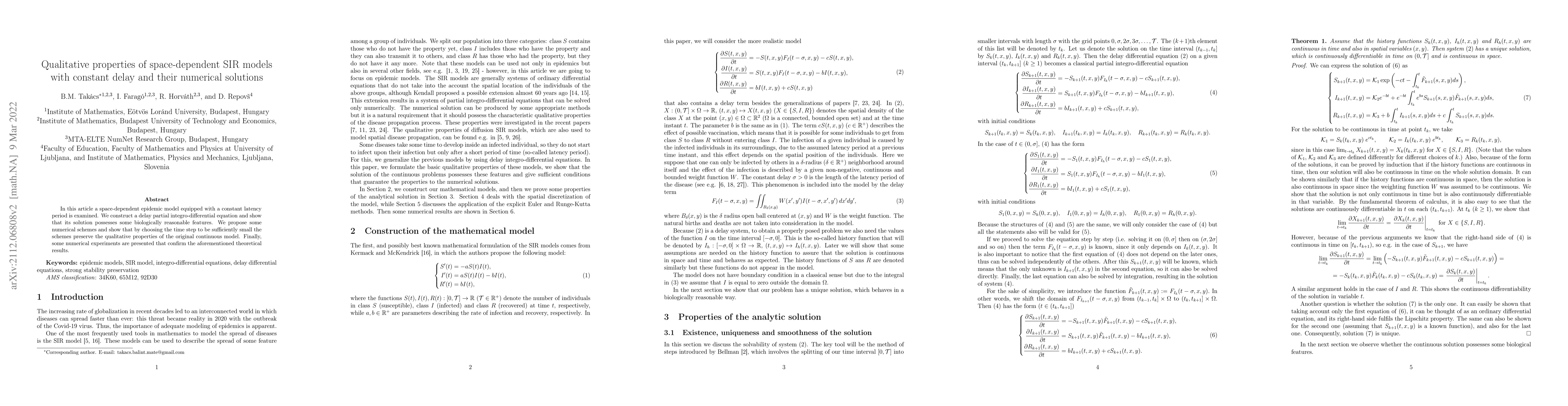 Thumbnail for Qualitative properties of space-dependent SIR models with constant delay
  and their numerical solutions