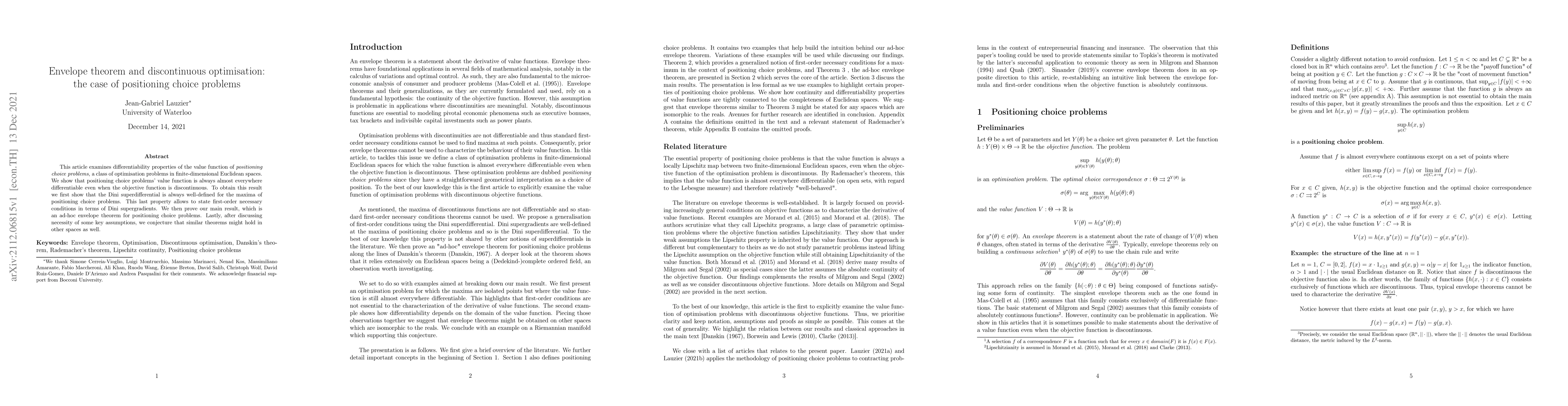 Thumbnail for Envelope theorem and discontinuous optimisation: the case of positioning
  choice problems