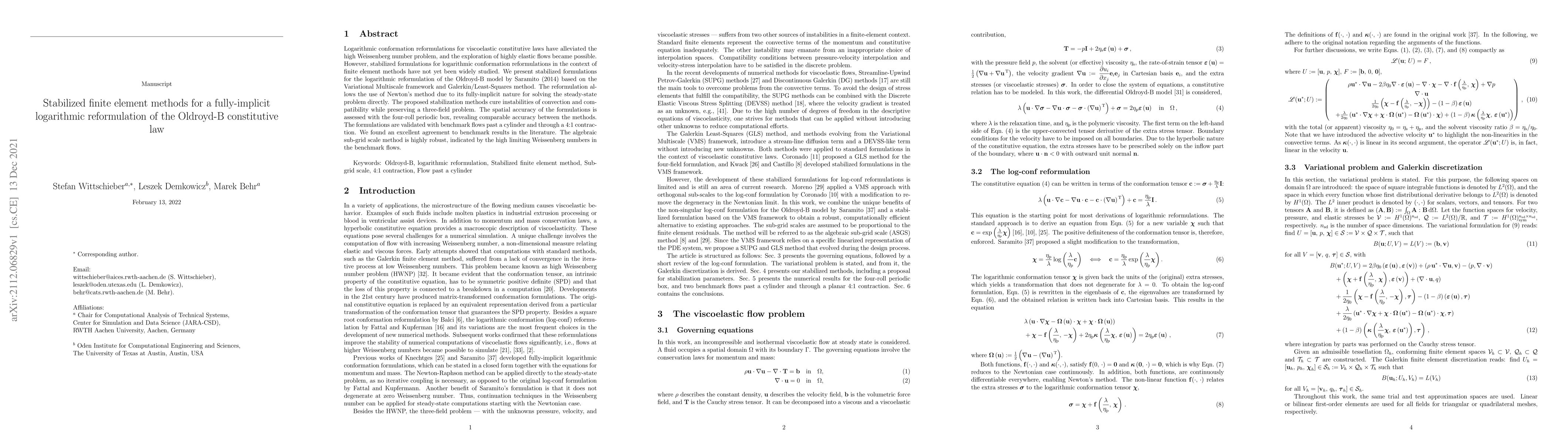Thumbnail for Stabilized finite element methods for a fully-implicit logarithmic
  reformulation of the Oldroyd-B constitutive law