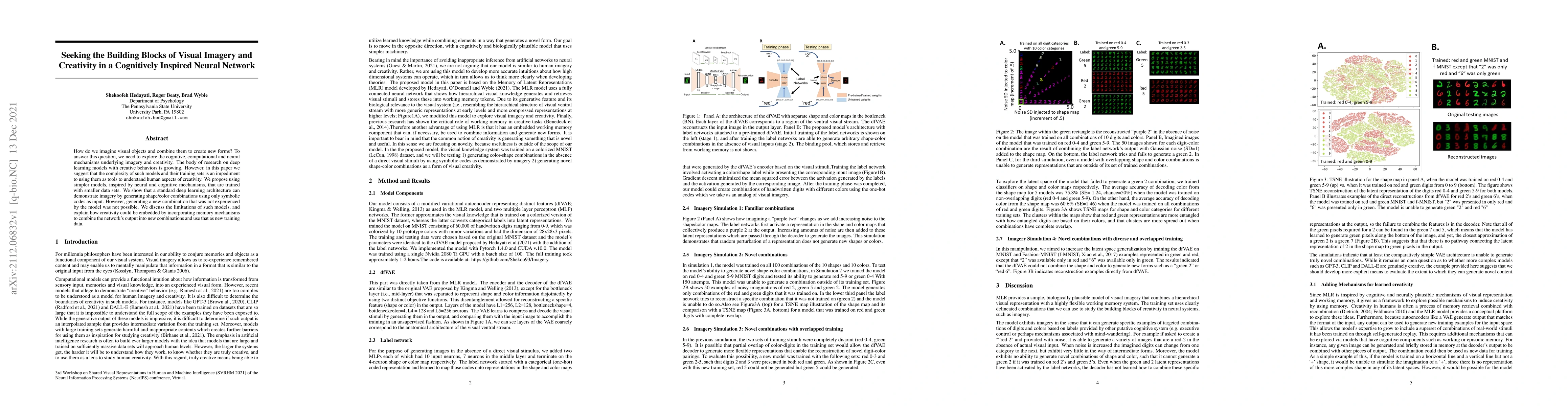 Thumbnail for Seeking the Building Blocks of Visual Imagery and Creativity in a
  Cognitively Inspired Neural Network