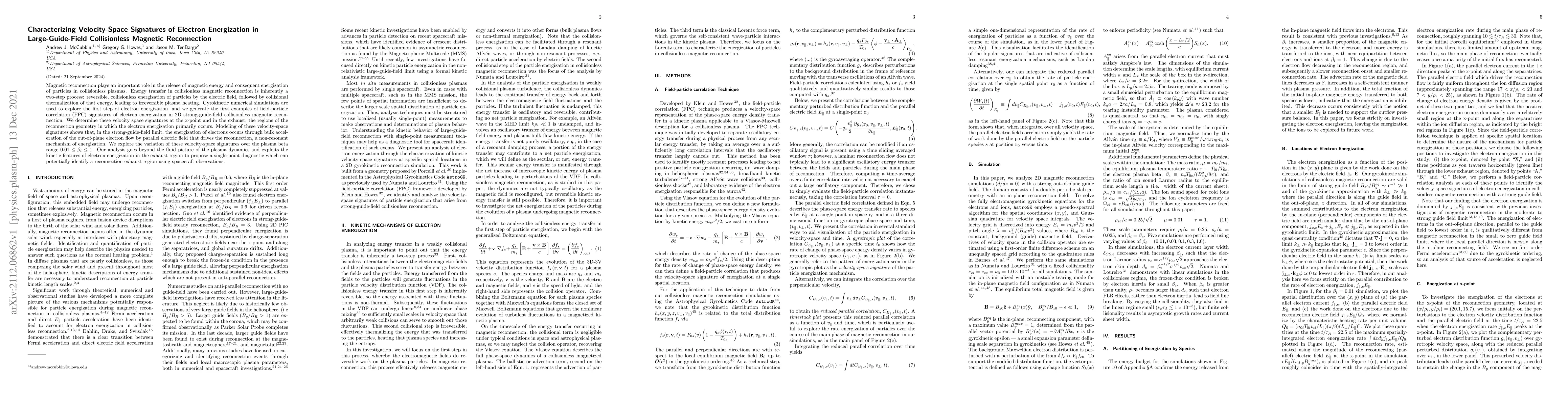 Thumbnail for Characterizing Velocity-Space Signatures of Electron Energization in
  Large-Guide-Field Collisionless Magnetic Reconnection