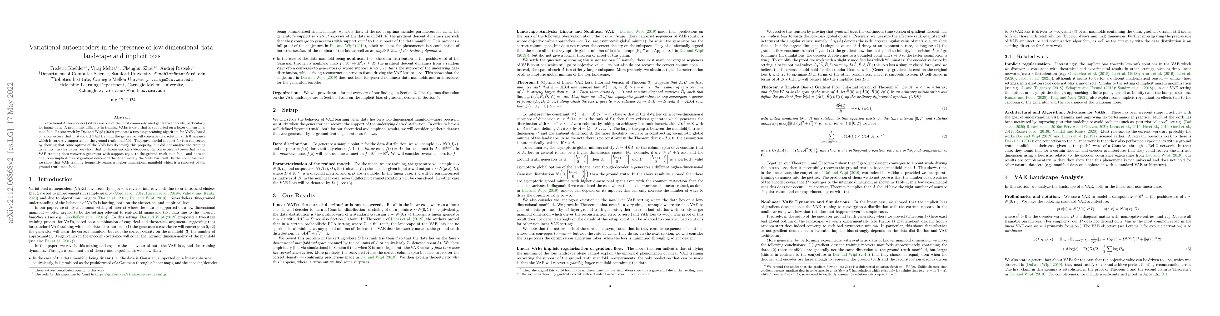 Thumbnail for Variational autoencoders in the presence of low-dimensional data:
  landscape and implicit bias