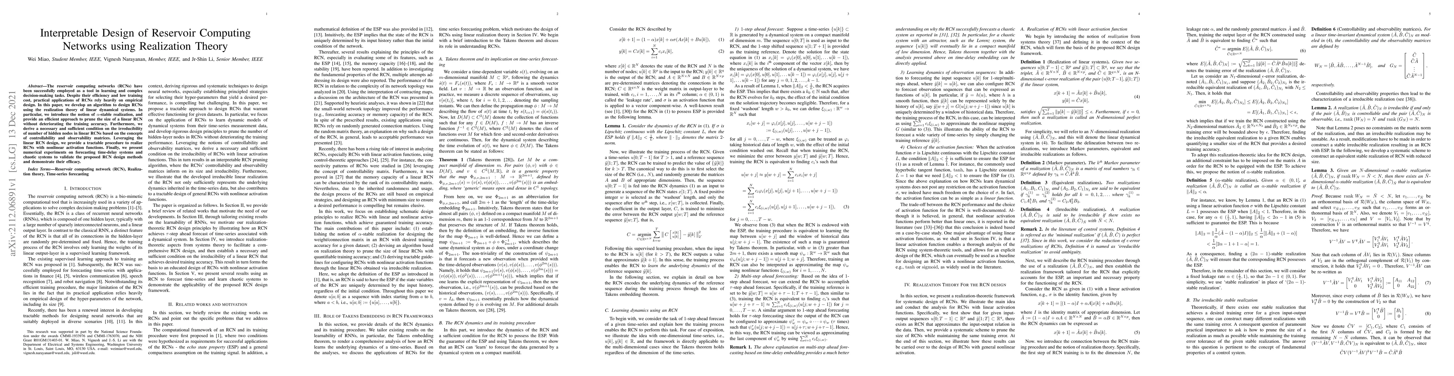 Thumbnail for Interpretable Design of Reservoir Computing Networks using Realization
  Theory