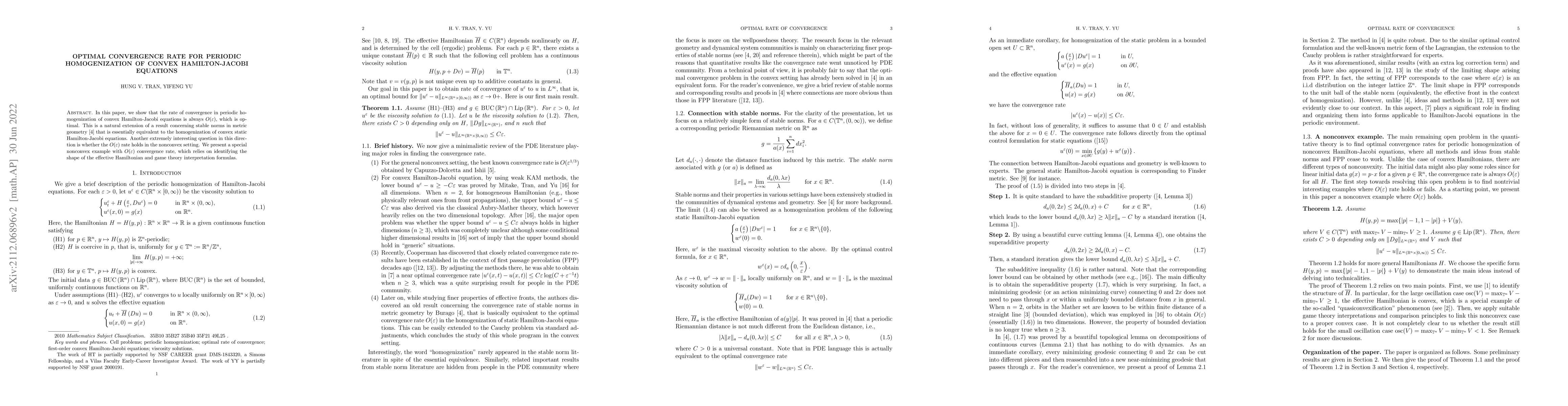Thumbnail for Optimal convergence rate for periodic homogenization of convex
  Hamilton-Jacobi equations