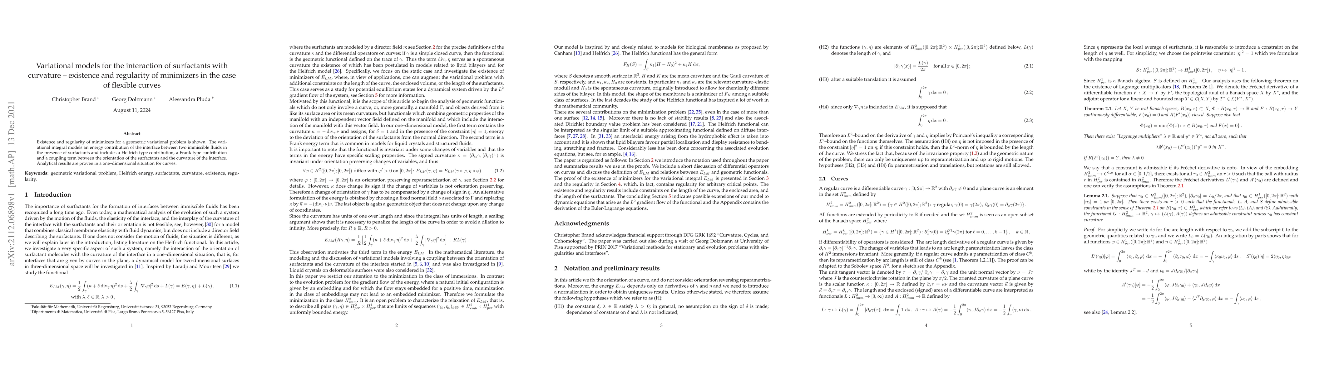 Thumbnail for Variational models for the interaction of surfactants with curvature --
  existence and regularity of minimizers in the case of flexible curves