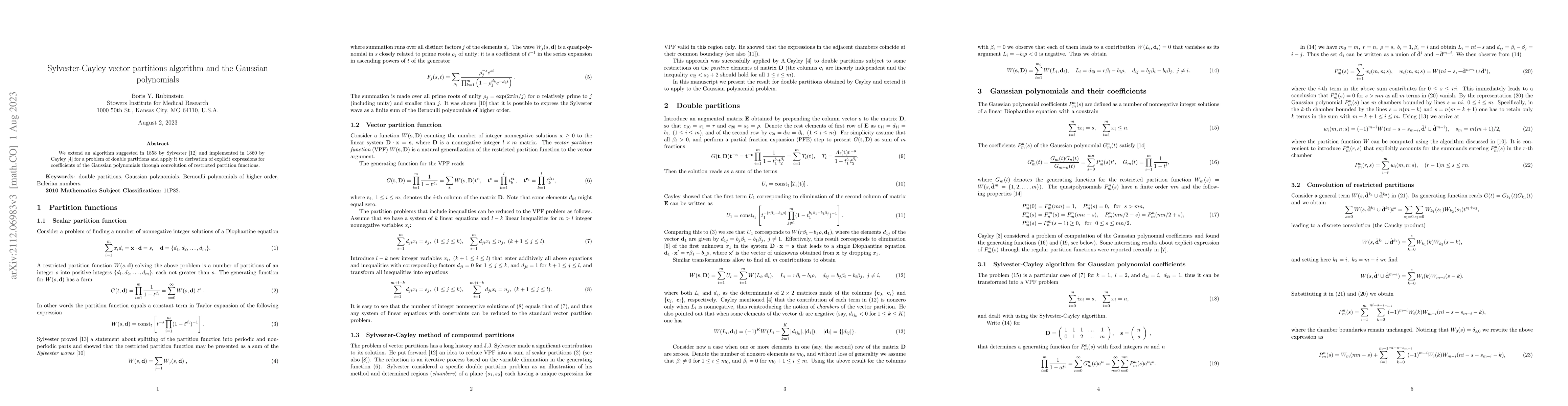 Thumbnail for Sylvester-Cayley vector partitions algorithm and the Gaussian
  polynomials