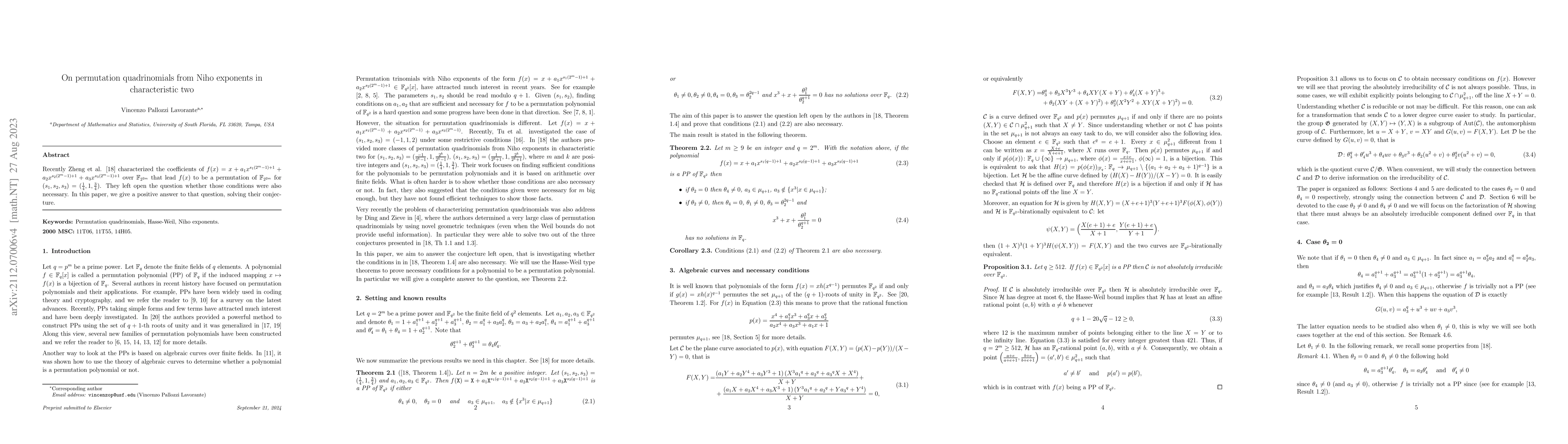 Thumbnail for On permutation quadrinomials from Niho exponents in characteristic two