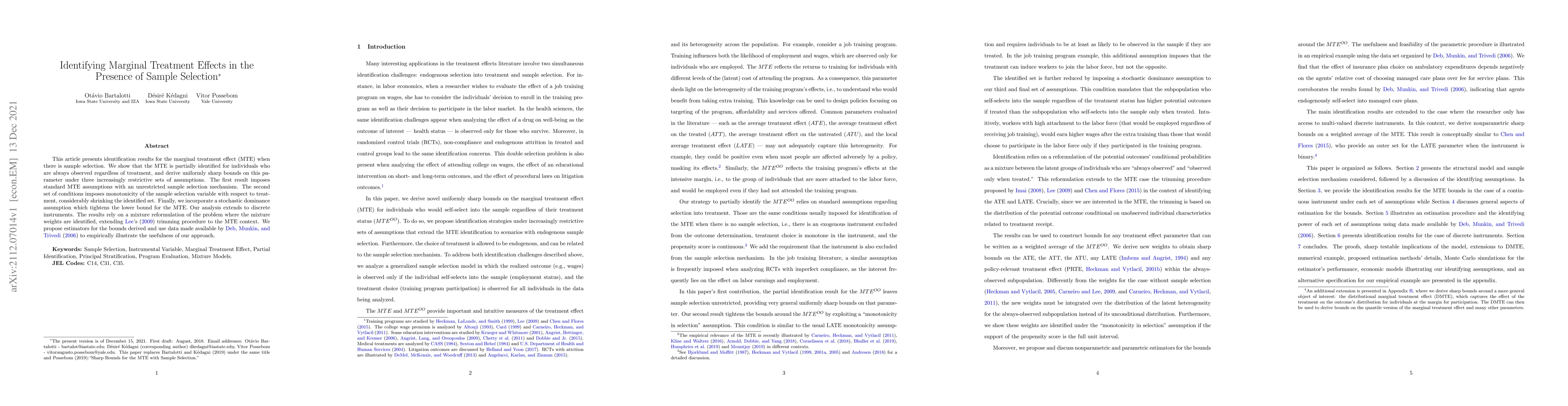 Thumbnail for Identifying Marginal Treatment Effects in the Presence of Sample
  Selection