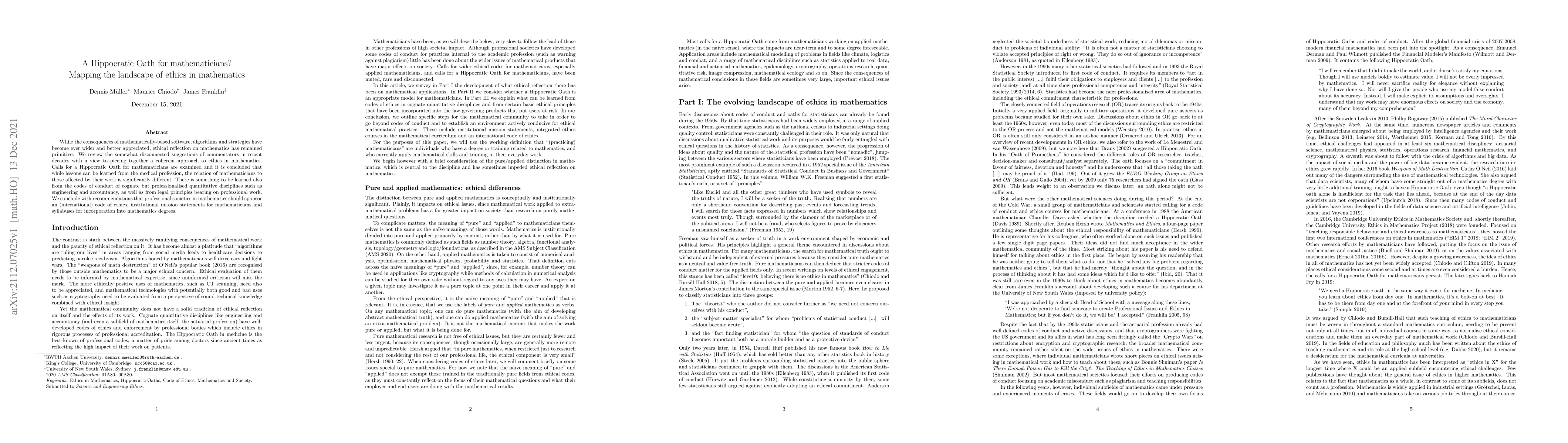 Thumbnail for A Hippocratic Oath for mathematicians? Mapping the landscape of ethics
  in mathematics