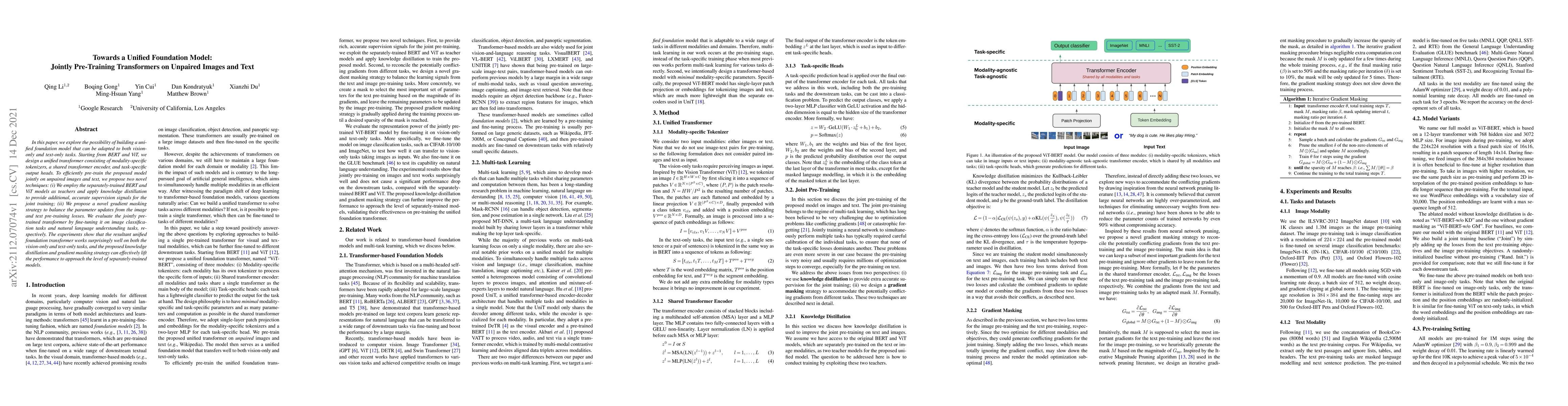 Thumbnail for Towards a Unified Foundation Model: Jointly Pre-Training Transformers on
  Unpaired Images and Text