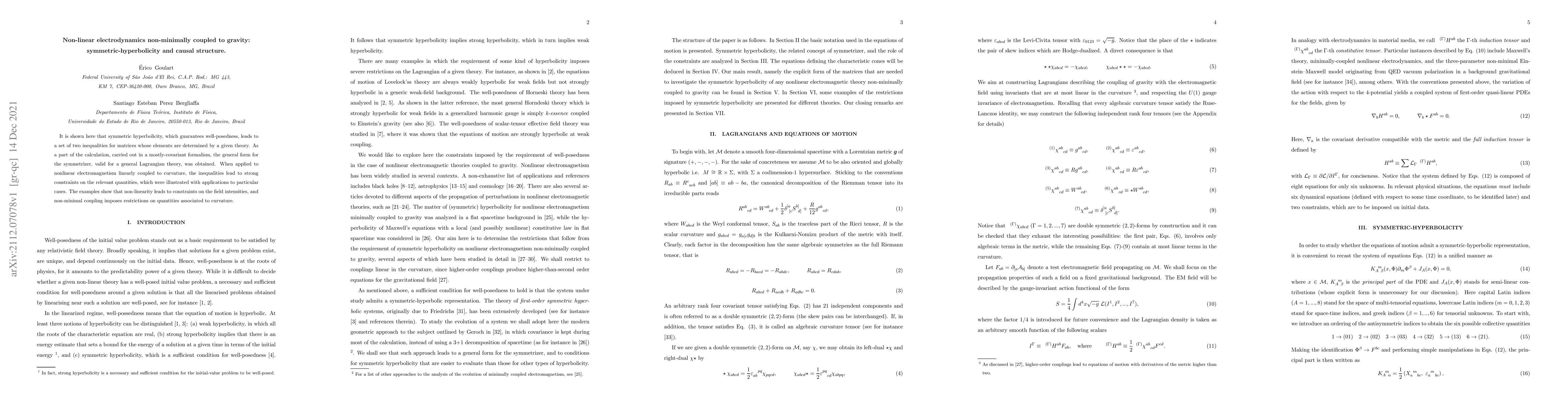 Thumbnail for Non-linear electrodynamics non-minimally coupled to
  gravity:symmetric-hyperbolicity and causal structure