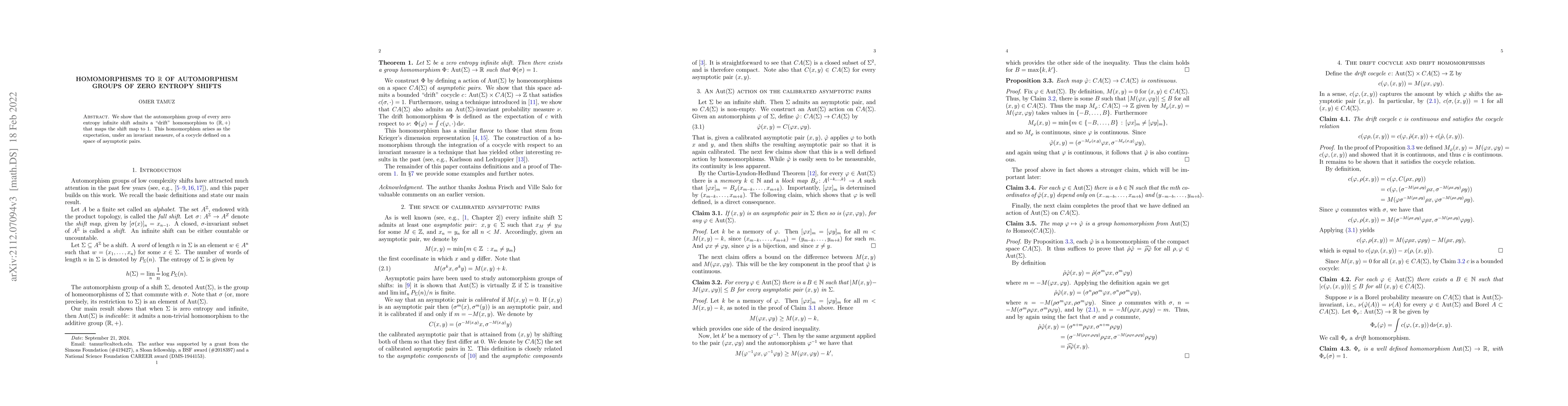 Thumbnail for Homomorphisms to $\mathbb{R}$ of automorphism groups of zero entropy
  shifts