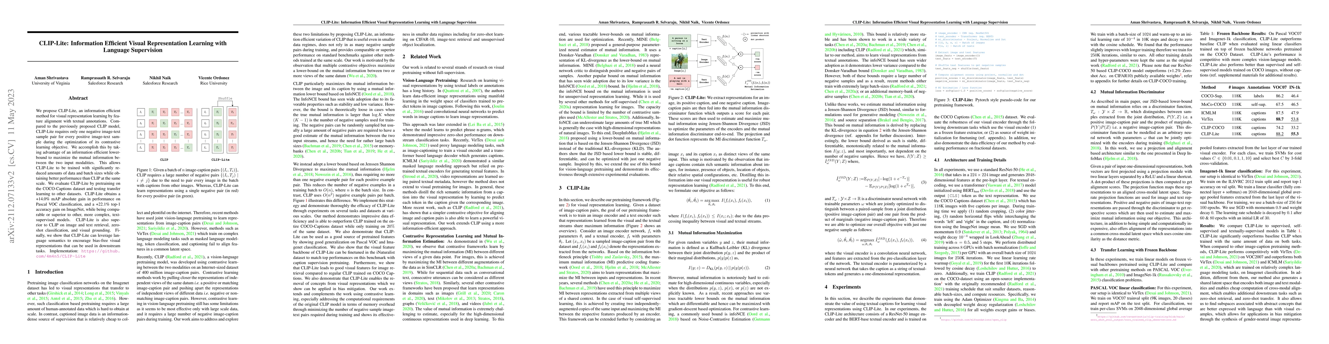 Thumbnail for CLIP-Lite: Information Efficient Visual Representation Learning with
  Language Supervision