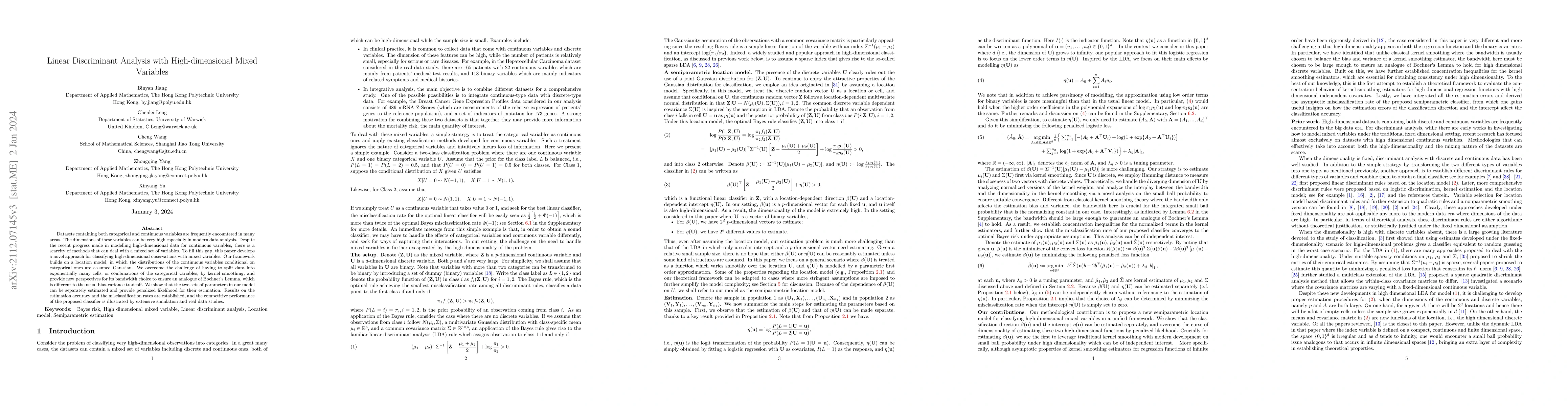 Thumbnail for Linear Discriminant Analysis with High-dimensional Mixed Variables