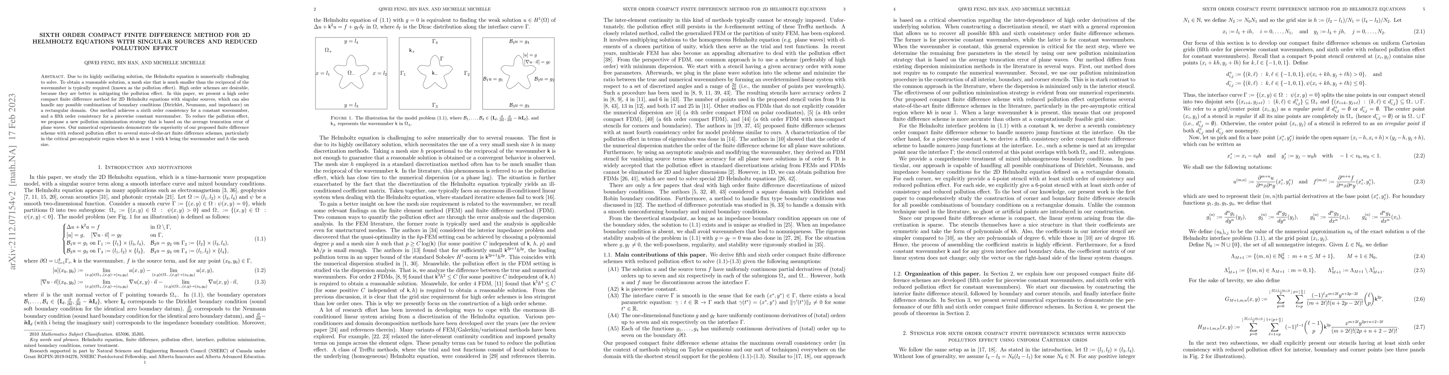 Thumbnail for Sixth Order Compact Finite Difference Method for 2D Helmholtz Equations
  with Singular Sources and Reduced Pollution Effect