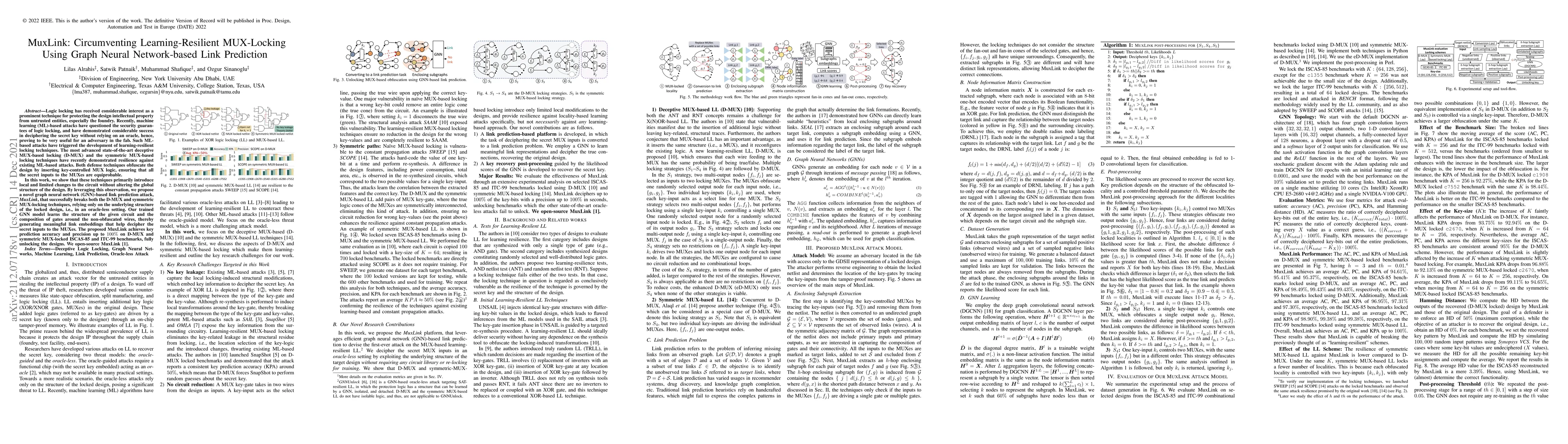 Thumbnail for MuxLink: Circumventing Learning-Resilient MUX-Locking Using Graph Neural
  Network-based Link Prediction